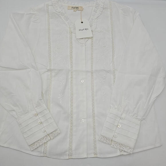 Simple Retro Faith‎ Lace Patchwork Embroidered Off White L Cottagecore Blouse - Picture 6 of 10